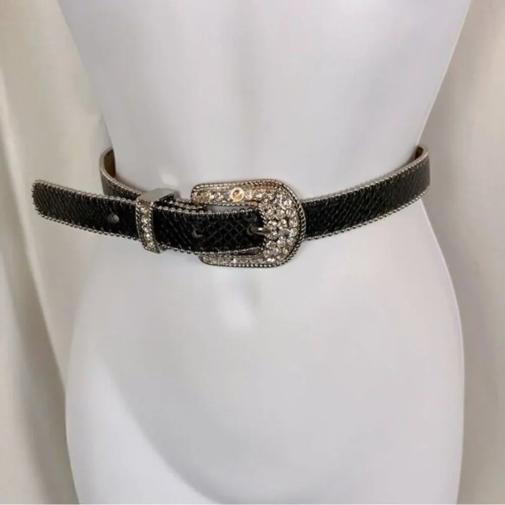 CACHE WOMENS BLACK LEATHER BELT WITH SIMULATED DIAMONDS SIZE S